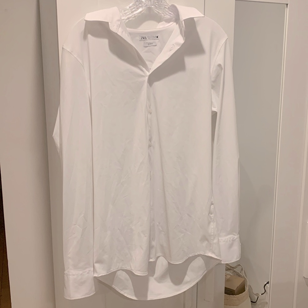 White Zara Men’s performance dress shirt.